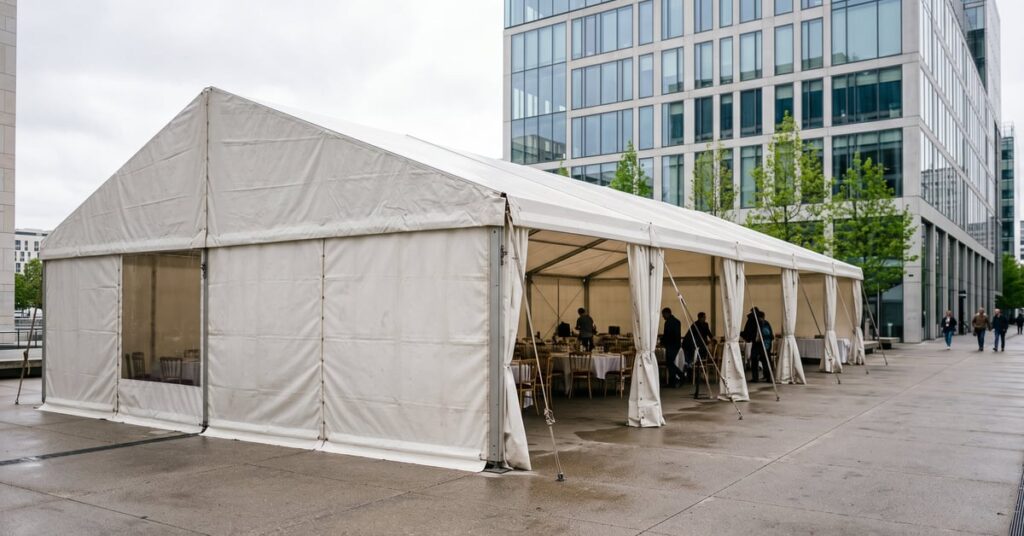 Tente de réception barnum blanche installée pour un événement en plein air