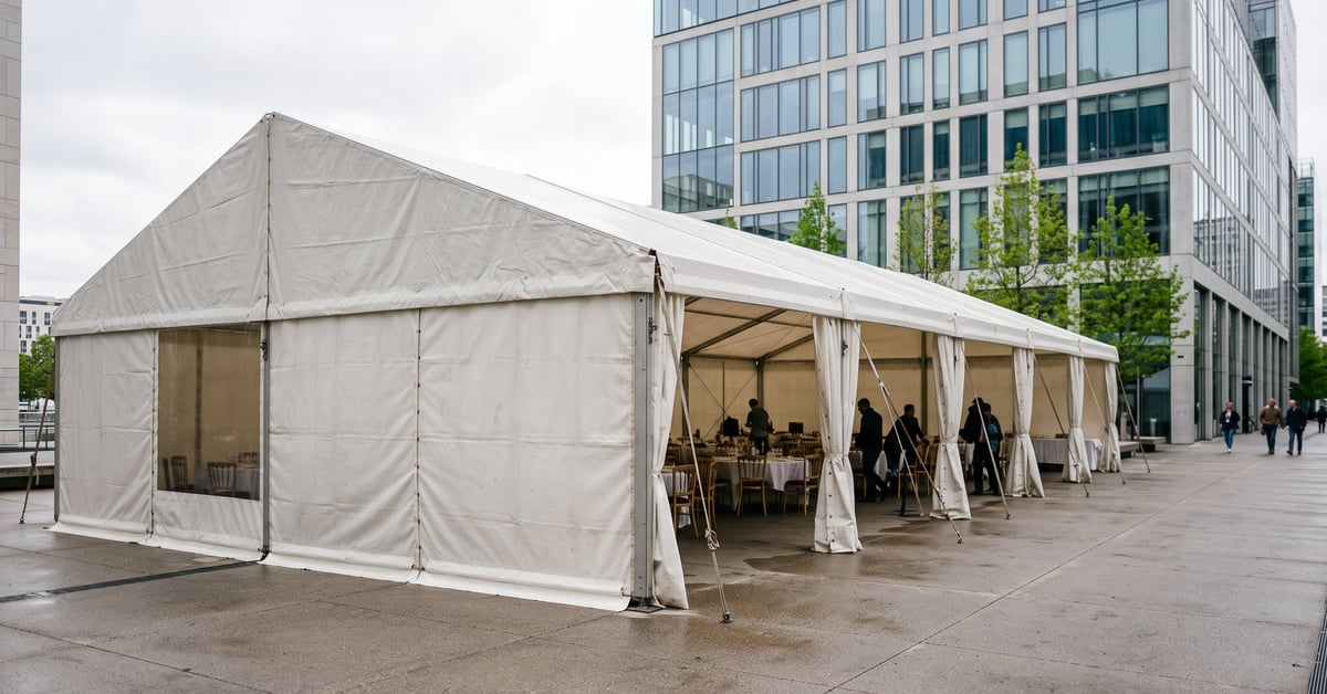 Tente de réception barnum blanche installée pour un événement en plein air