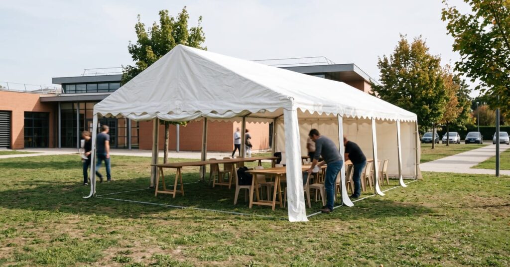 Tente de réception pas chère installée en extérieur pour un événement festif