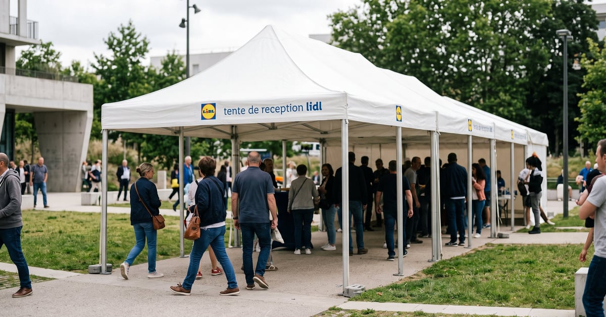 Tente de réception Lidl montée dans un jardin, structure blanche avec parois transparentes