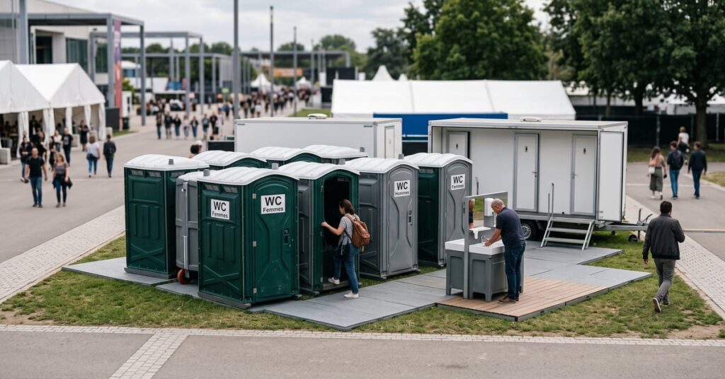Toilettes mobiles modernes installées lors d'un événement en plein air – location toilettes événementiel